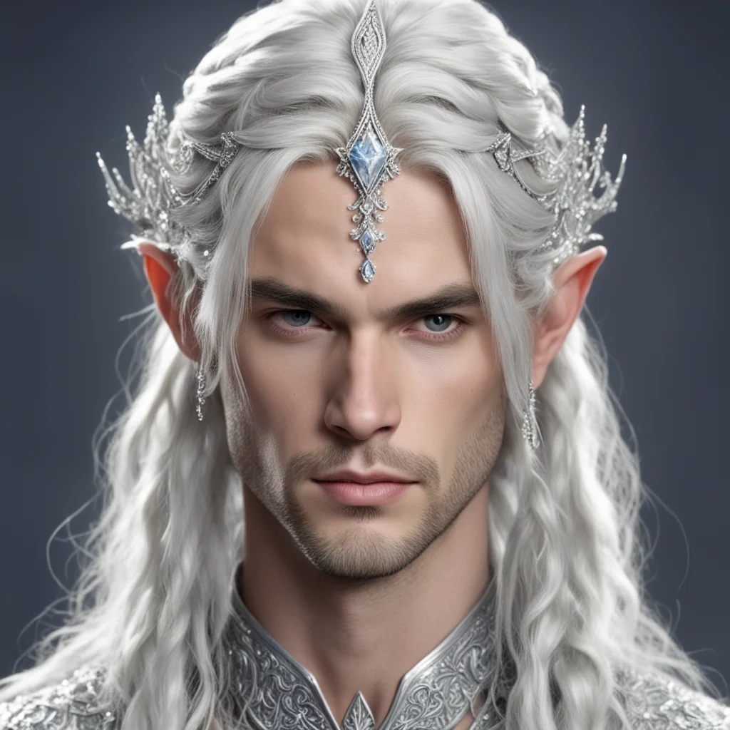 aiprince celeborn with braids wearing silver strings of diamonds wearing silver elvish circlet encrusted with diamonds with large center diamond confident engaging wow artstation art 3