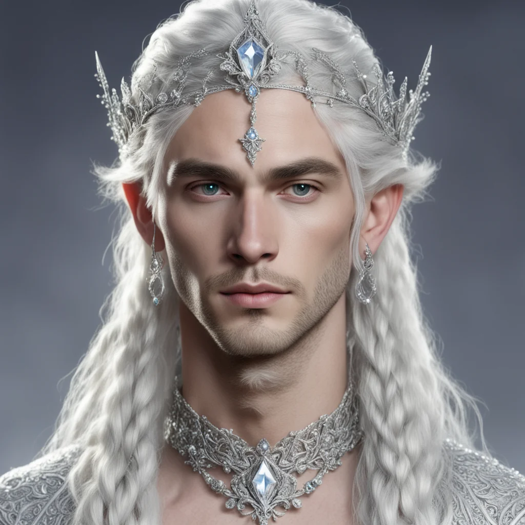 aiprince celeborn with braids wearing silver strings of diamonds wearing silver elvish circlet encrusted with diamonds with large center diamond