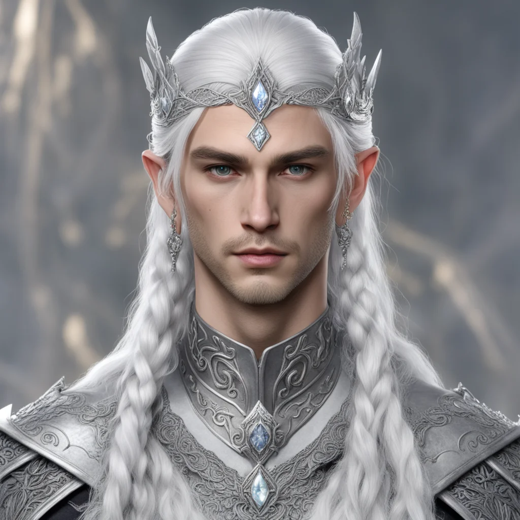 aiprince celeborn with silver hair and braids wearing silver sindarin elvish circlet with large center diamond  confident engaging wow artstation art 3