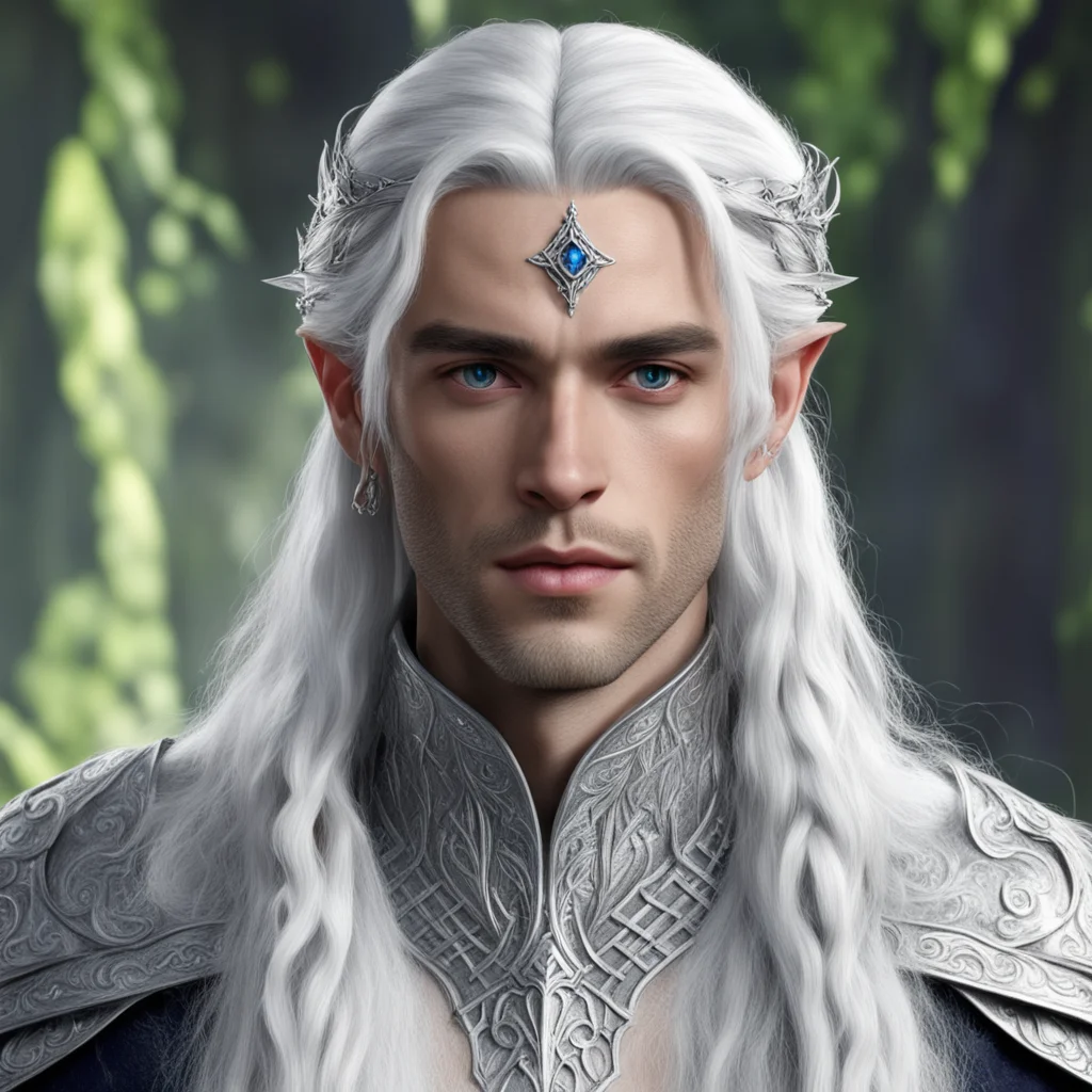 aiprince celeborn with silver hair and braids wearing silver sindarin elvish circlet with large center diamond 