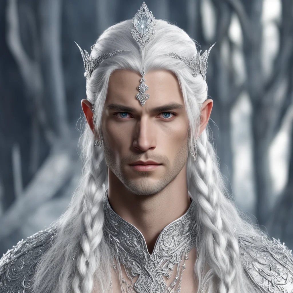 aiprince celeborn with silver hair and braids wearing silver strings of diamonds wearing silver elvish circlet encrusted with diamonds with large center diamond amazing awesome portrait 2