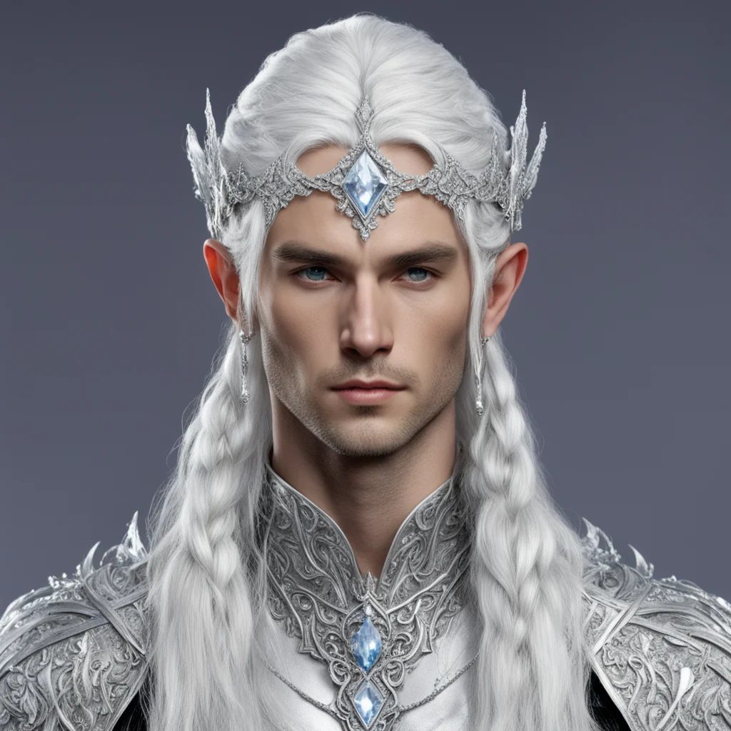 aiprince celeborn with silver hair and braids wearing silver strings of diamonds wearing silver elvish circlet encrusted with diamonds with large center diamond good looking trending fantastic 1