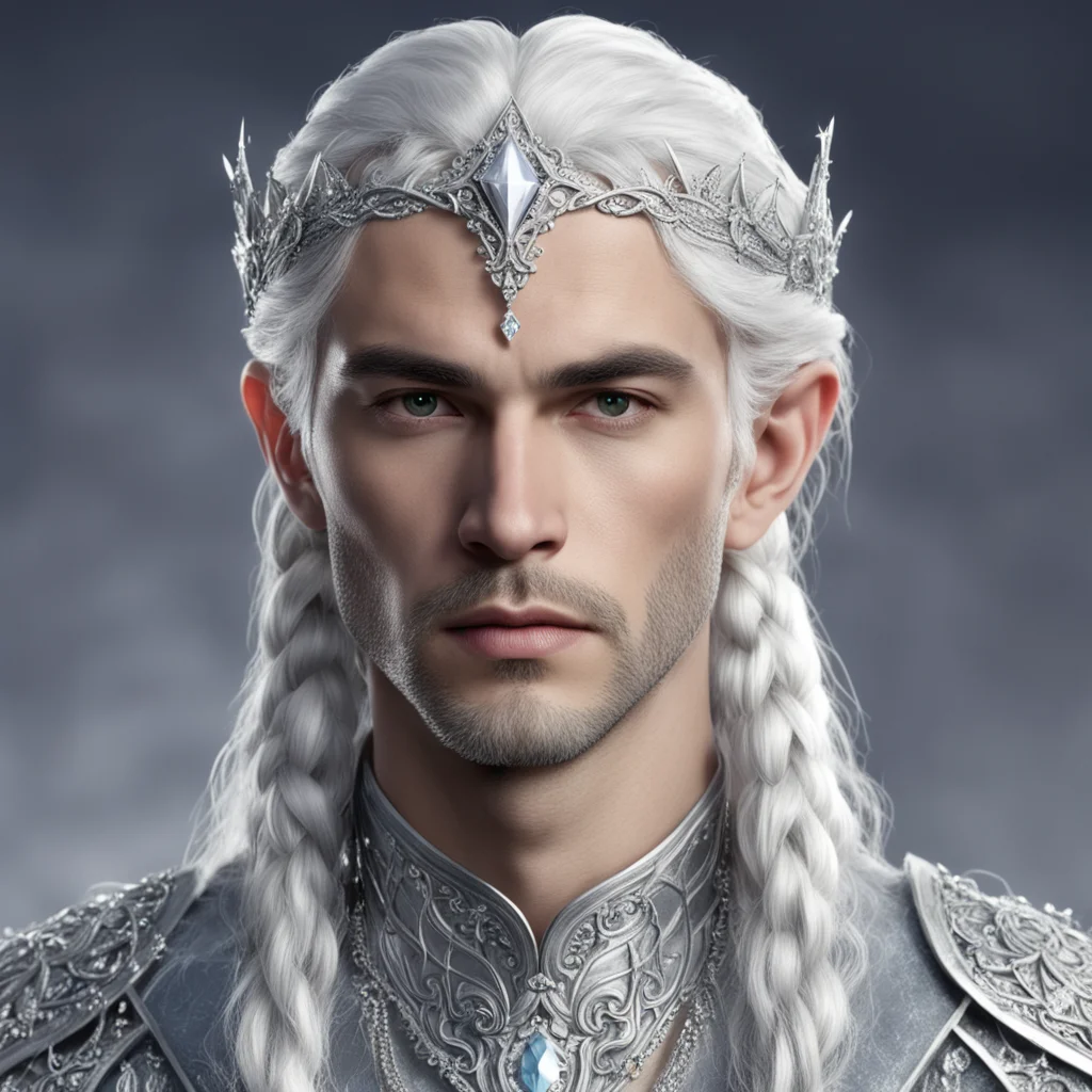 aiprince celeborn with silver hair and braids wearing silver strings of diamonds wearing silver elvish circlet encrusted with diamonds with large center diamond