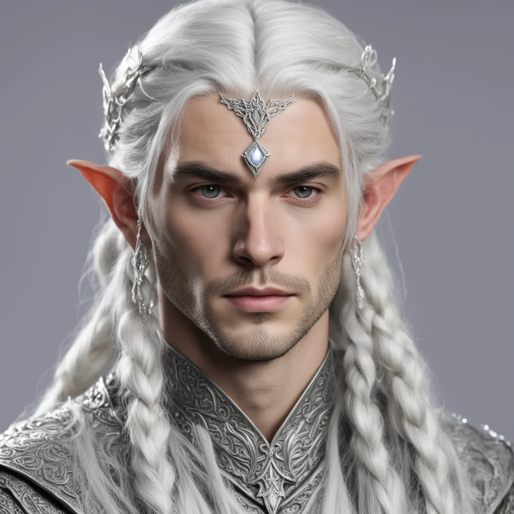 aiprince celeborn with silver hair and braids wearing small thin elvish circlet with large center diamond  good looking trending fantastic 1