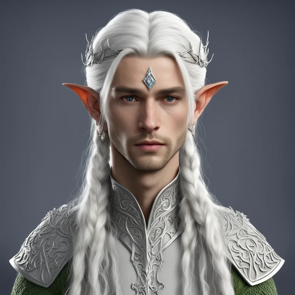 prince celeborn with silver hair and braids wearing small thin elvish circlet with large center diamond 