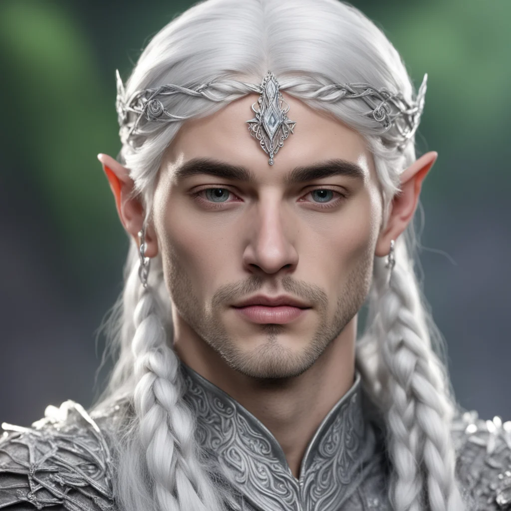 aiprince celeborn with silver hair and braids wearing small thin elvish circlet with large center diamond good looking trending fantastic 1