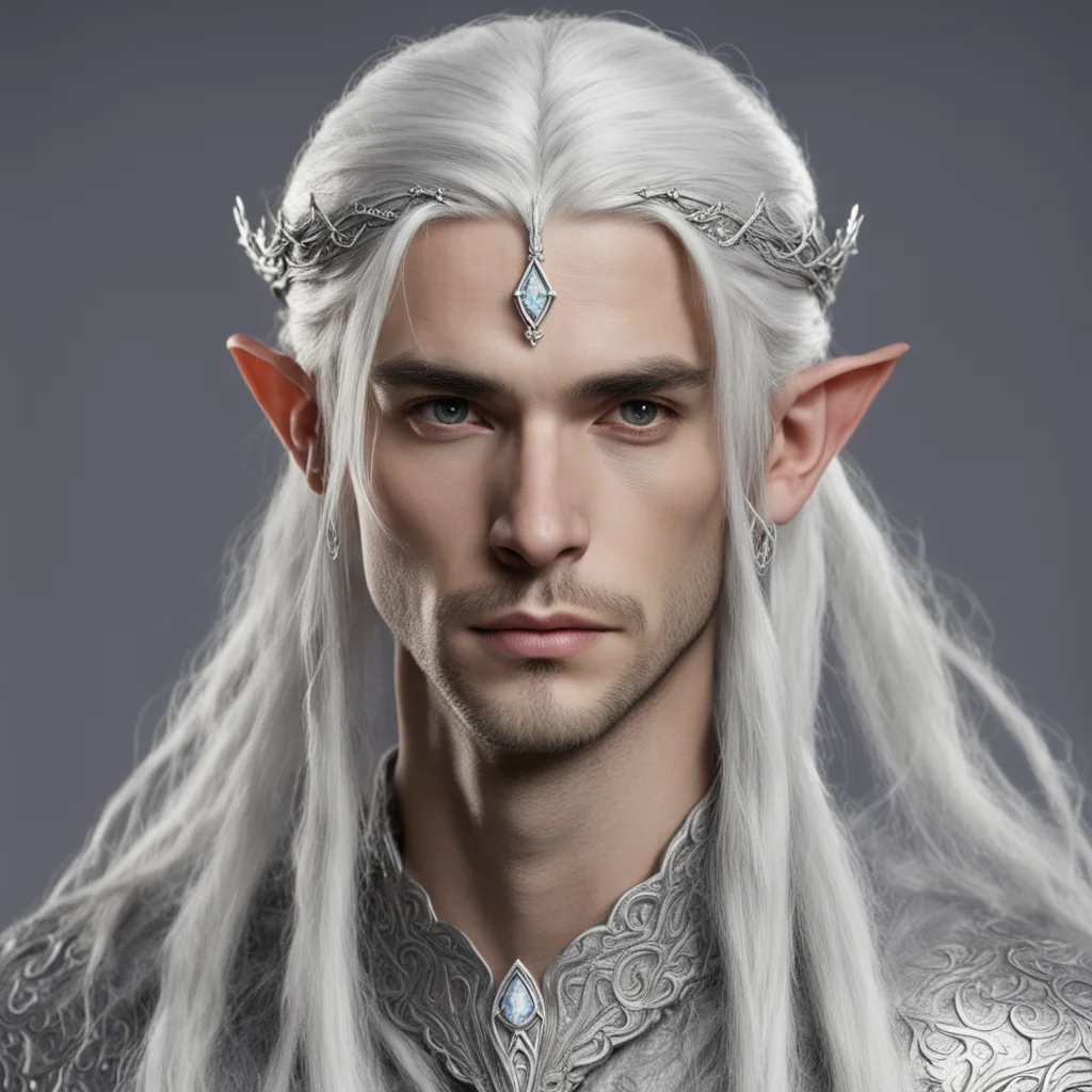 aiprince celeborn with silver hair and braids wearing small thin elvish circlet with large center diamond