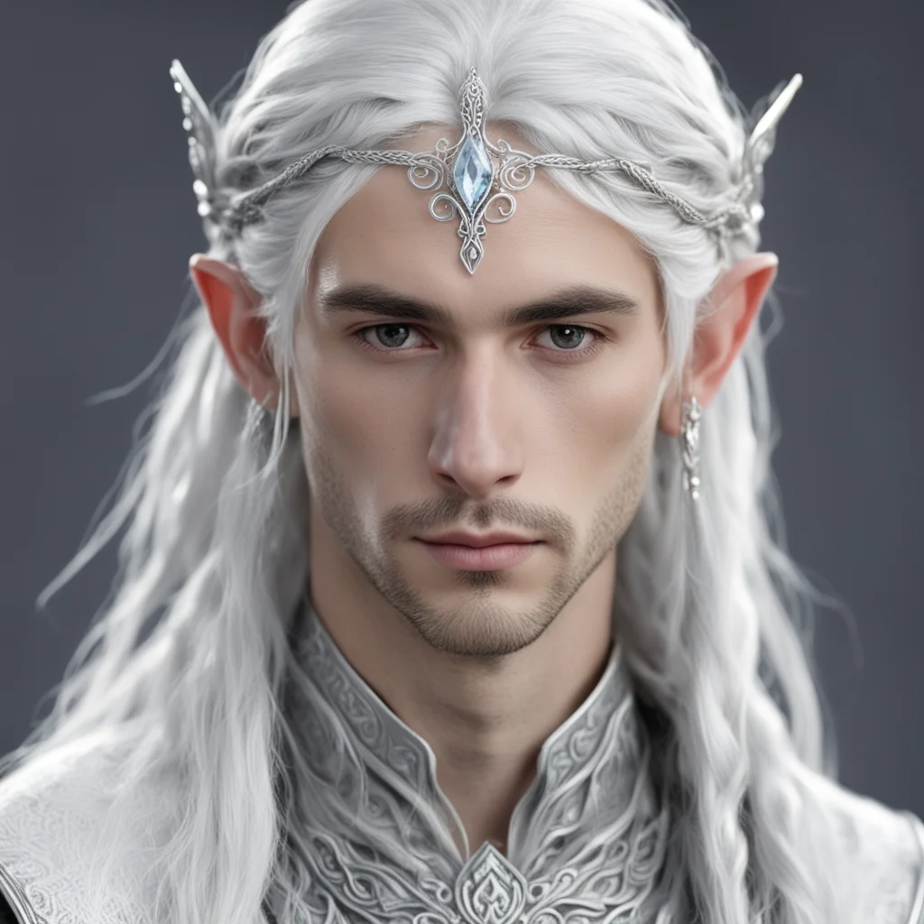 prince celeborn with silver hair and braids wearing small thin silver sindarin elvish circlet with center diamond  good looking trending fantastic 1