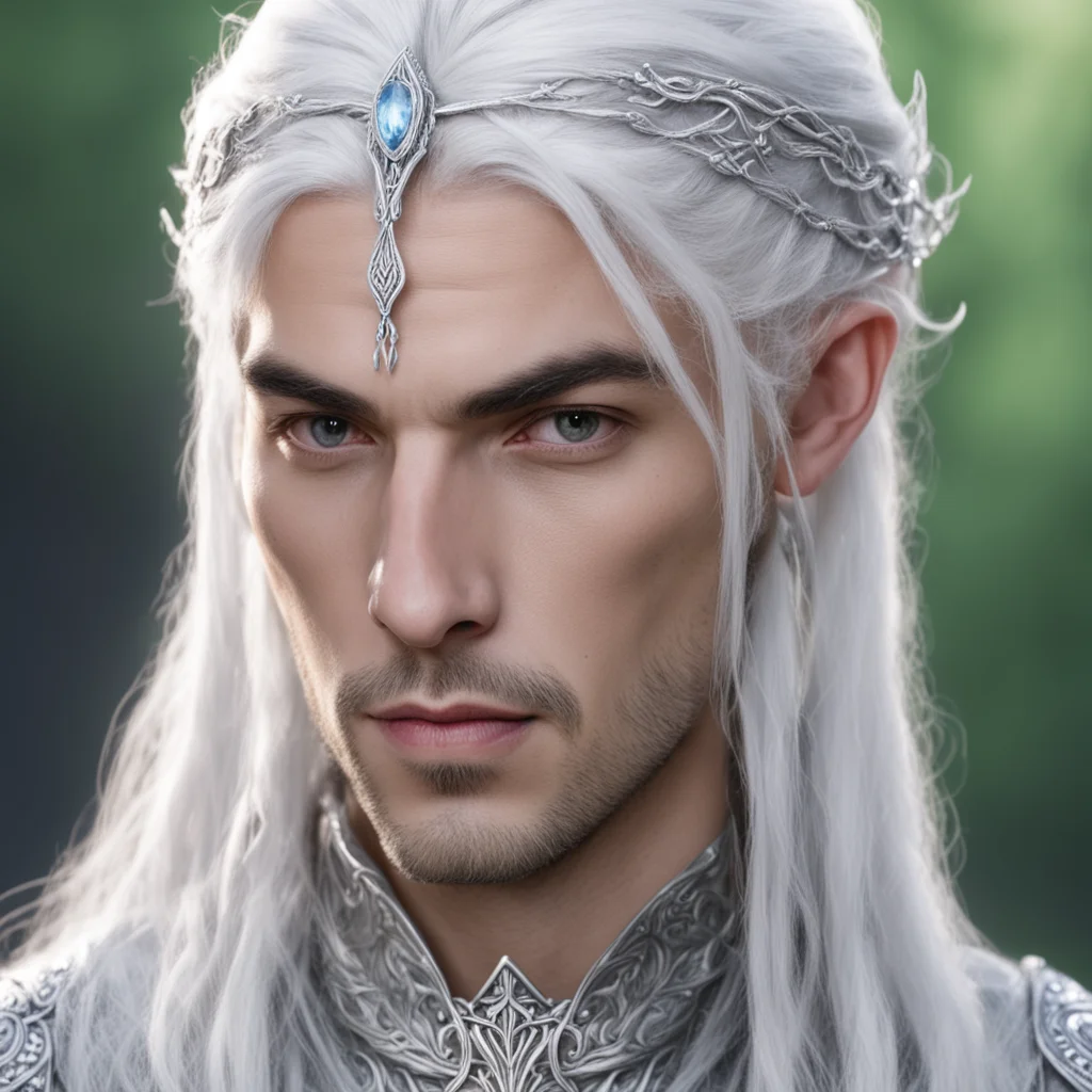 aiprince celeborn with silver hair and braids wearing small thin silver sindarin elvish circlet with center diamond 