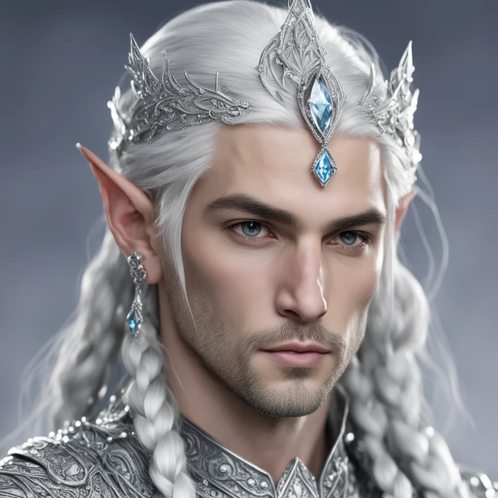 prince celeborn with silver hair with braids wearing silver elvish circlet encrusted with large diamonds with large center diamond amazing awesome portrait 2
