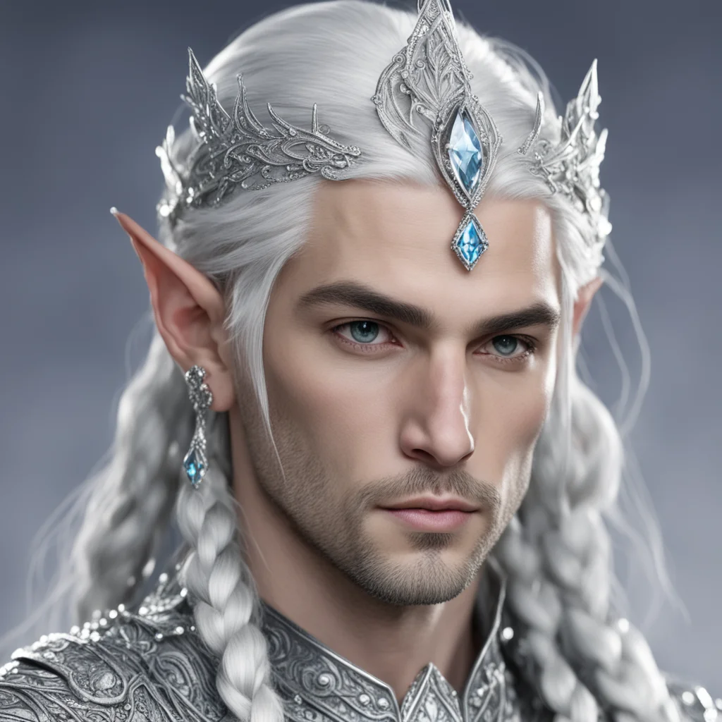 aiprince celeborn with silver hair with braids wearing silver elvish circlet encrusted with large diamonds with large center diamond amazing awesome portrait 2