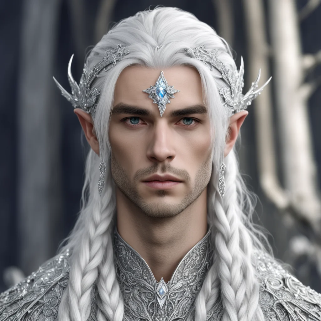 aiprince celeborn with silver hair with braids wearing silver elvish circlet encrusted with large diamonds with large center diamond good looking trending fantastic 1