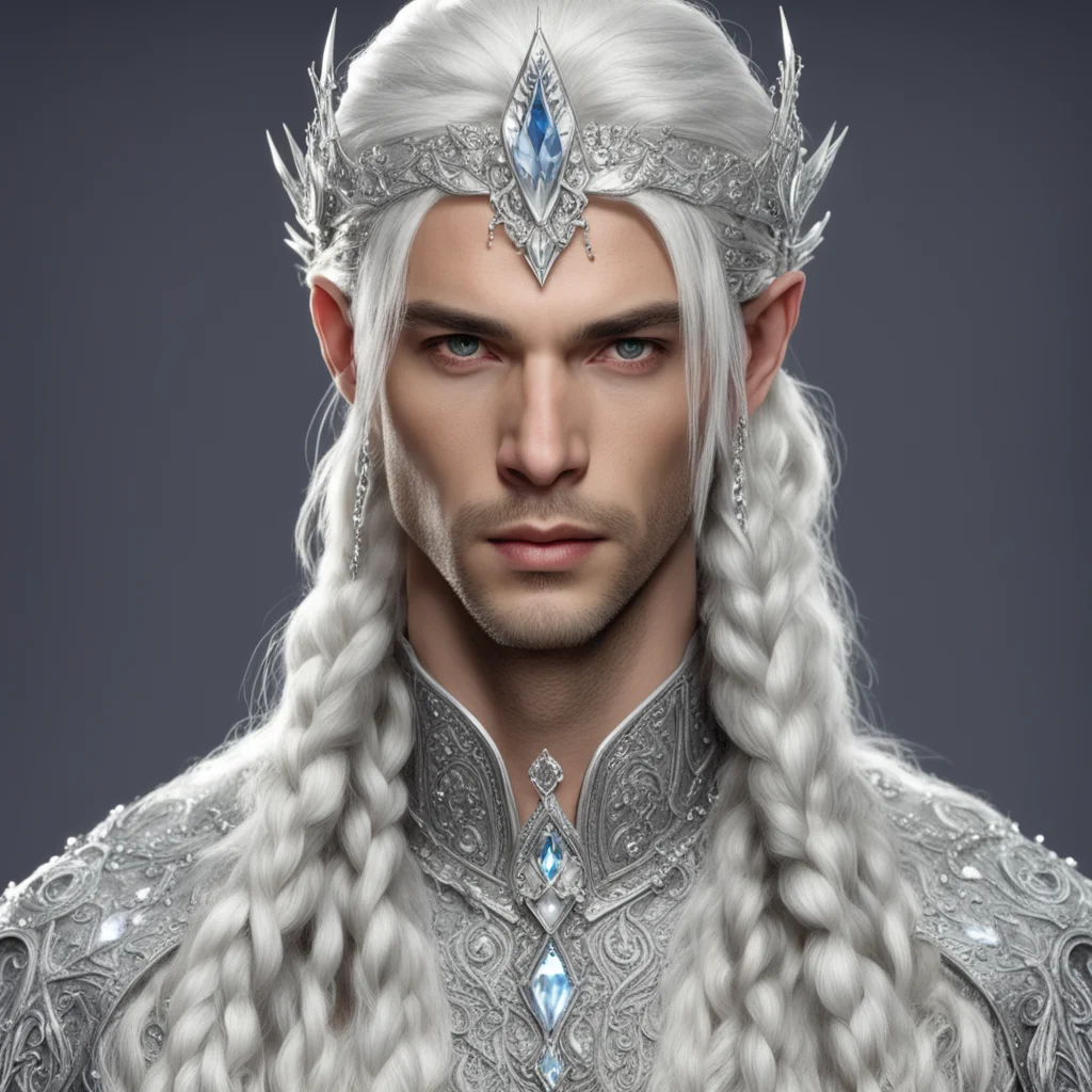 aiprince celeborn with silver hair with braids wearing silver elvish circlet encrusted with large diamonds with large center diamond