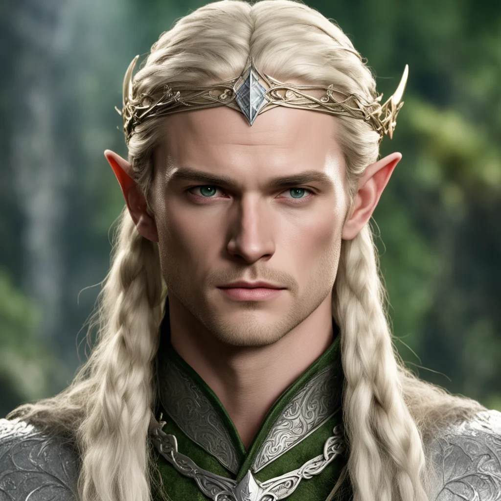 aiprince legolas with blond hair and braids wearing large silver elvish circlet with large center diamond amazing awesome portrait 2