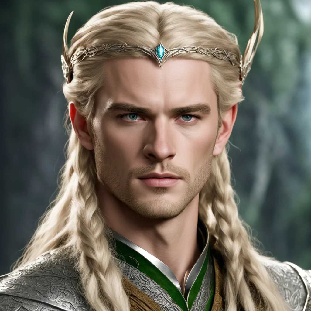 aiprince legolas with blond hair and braids wearing large silver elvish circlet with large center diamond confident engaging wow artstation art 3