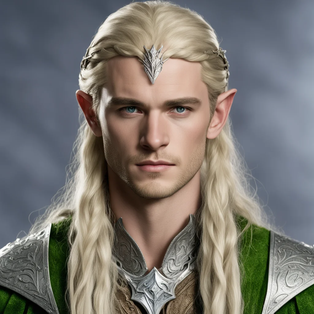 aiprince legolas with blond hair and braids wearing large silver elvish circlet with large center diamond good looking trending fantastic 1