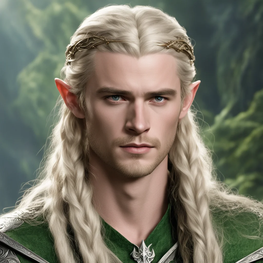 prince legolas with blond hair and braids wearing large silver elvish circlet with large center diamond