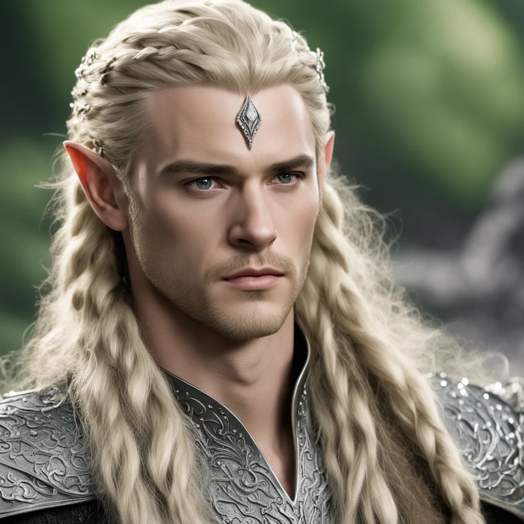 prince legolas with blond hair and braids wearing silver elvish coronet encrusted with diamonds with large center diamond  amazing awesome portrait 2