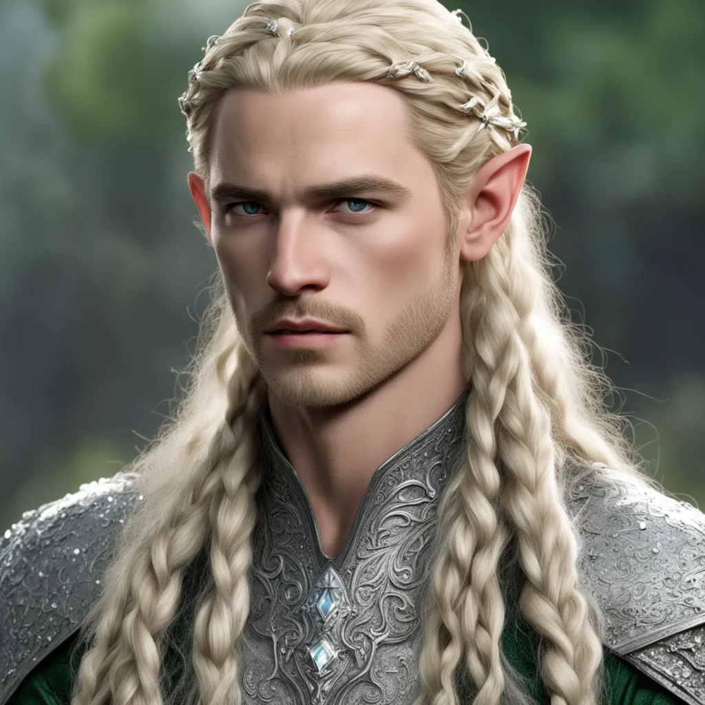 aiprince legolas with blond hair and braids wearing silver elvish coronet encrusted with diamonds with large center diamond  good looking trending fantastic 1