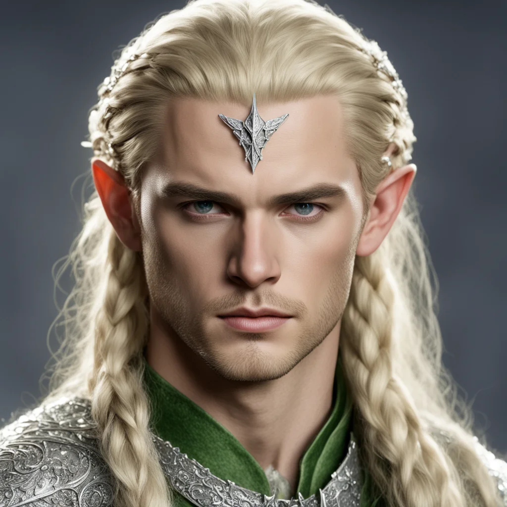 prince legolas with blond hair and braids wearing silver elvish coronet encrusted with diamonds with large center diamond 