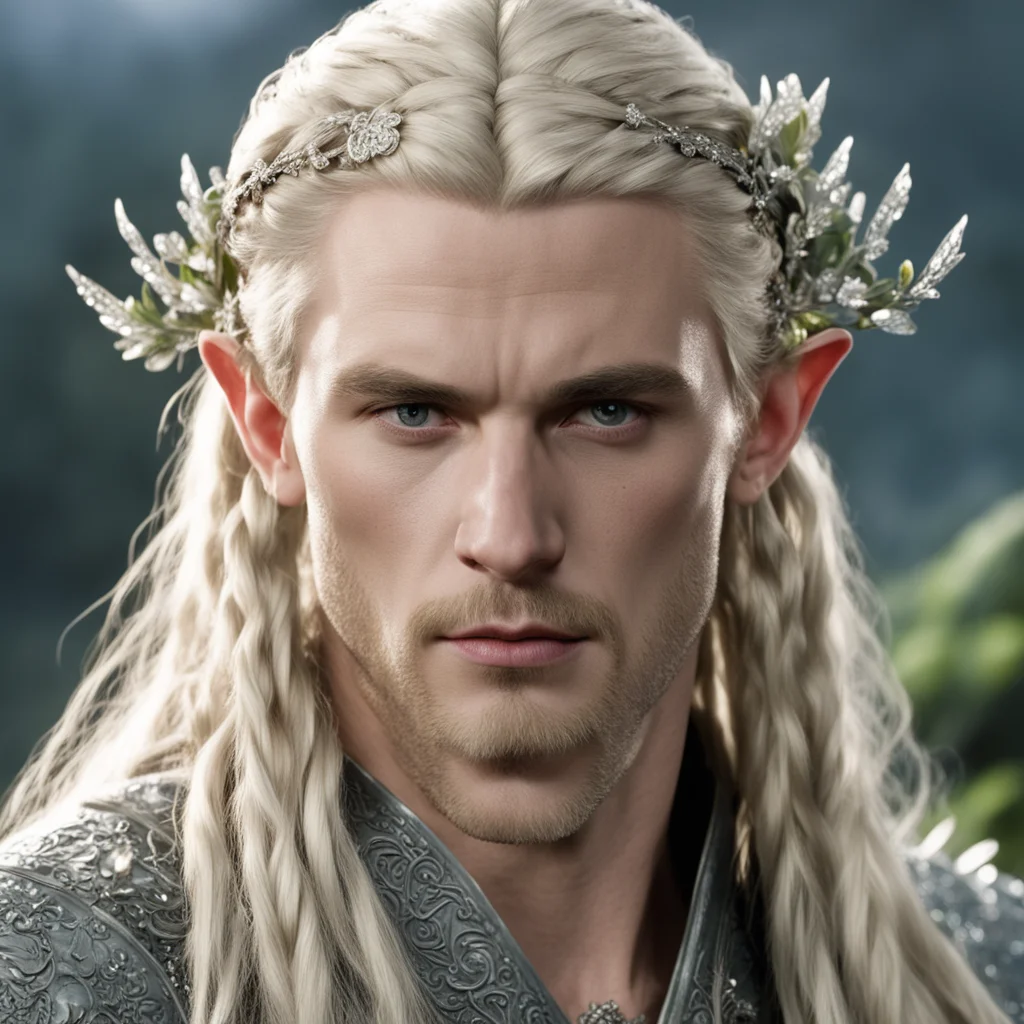 aiprince legolas with blond hair and braids wearing silver flowers encrusted with diamonds to form a silver elvish circlet with large ce amazing awesome portrait 2