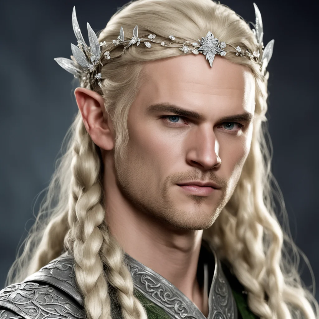 aiprince legolas with blond hair and braids wearing silver flowers encrusted with diamonds to form a silver elvish circlet with large ce confident engaging wow artstation art 3