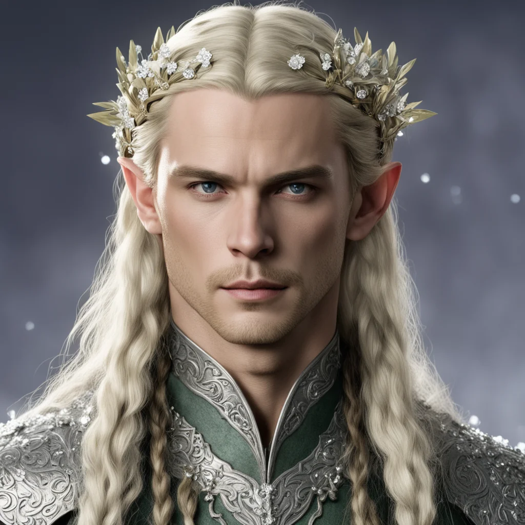 prince legolas with blond hair and braids wearing silver flowers encrusted with diamonds to form a silver elvish circlet with large ce good looking trending fantastic 1