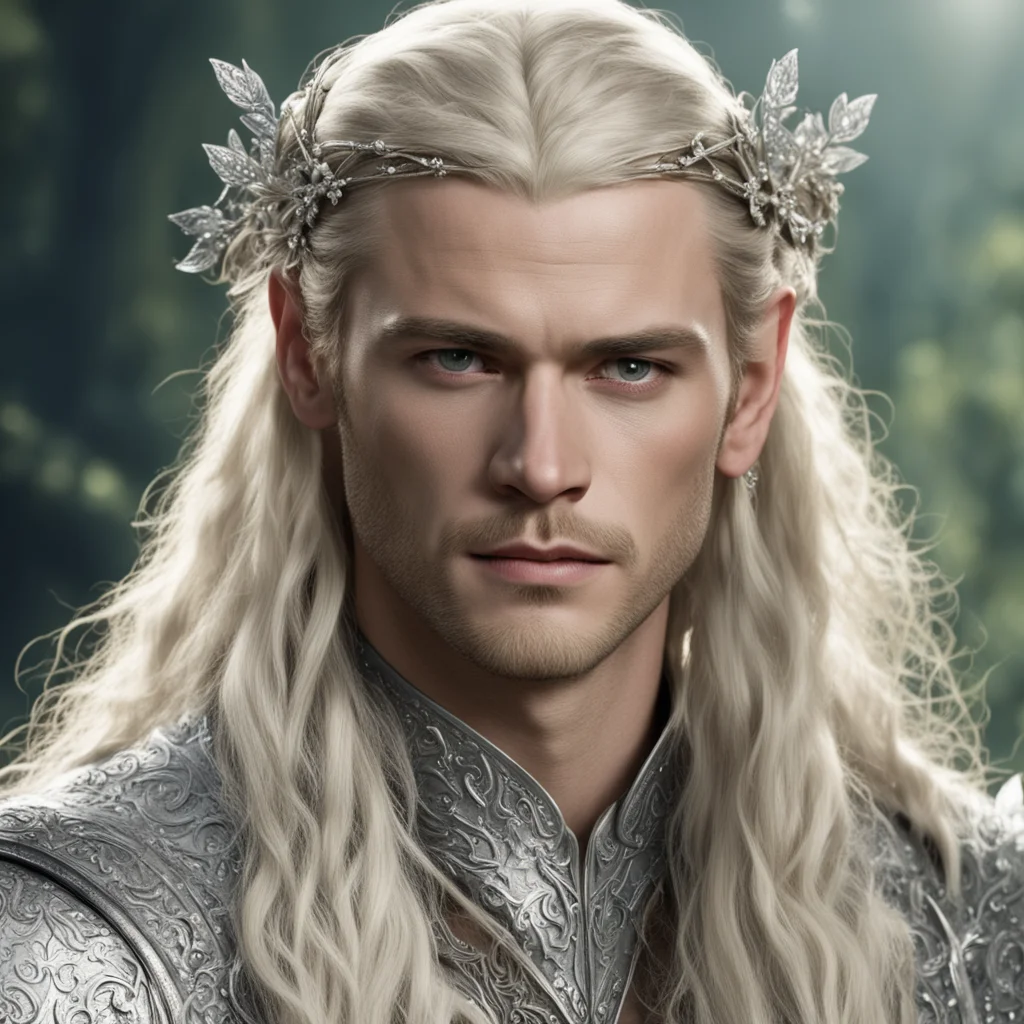 prince legolas with blond hair and braids wearing silver flowers encrusted with diamonds to form a silver elvish circlet with large ce