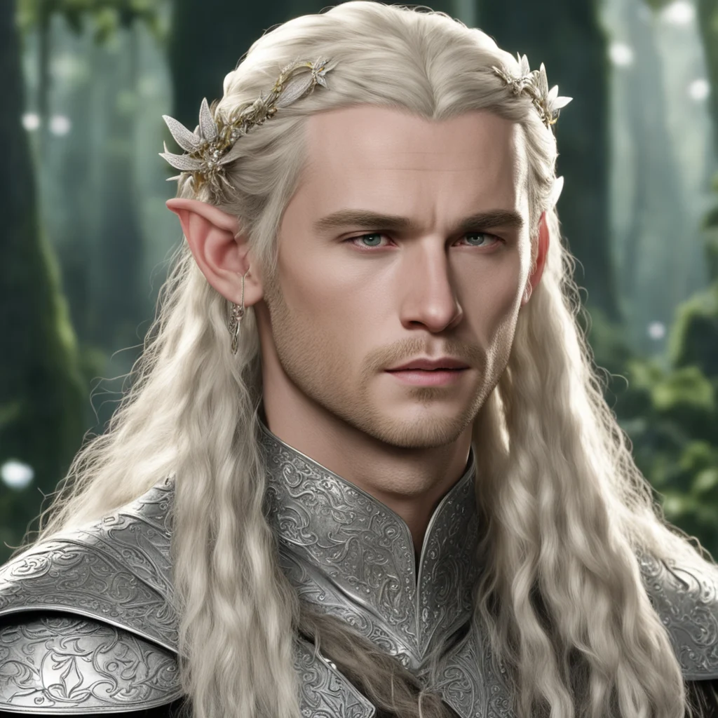 prince legolas with blond hair and braids wearing silver flowers encrusted with diamonds to form a silver elvish circlet with large center diamond amazing awesome portrait 2