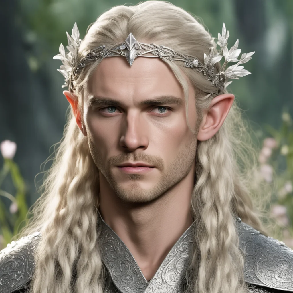 prince legolas with blond hair and braids wearing silver flowers encrusted with diamonds to form a silver elvish circlet with large center diamond confident engaging wow artstation art 3