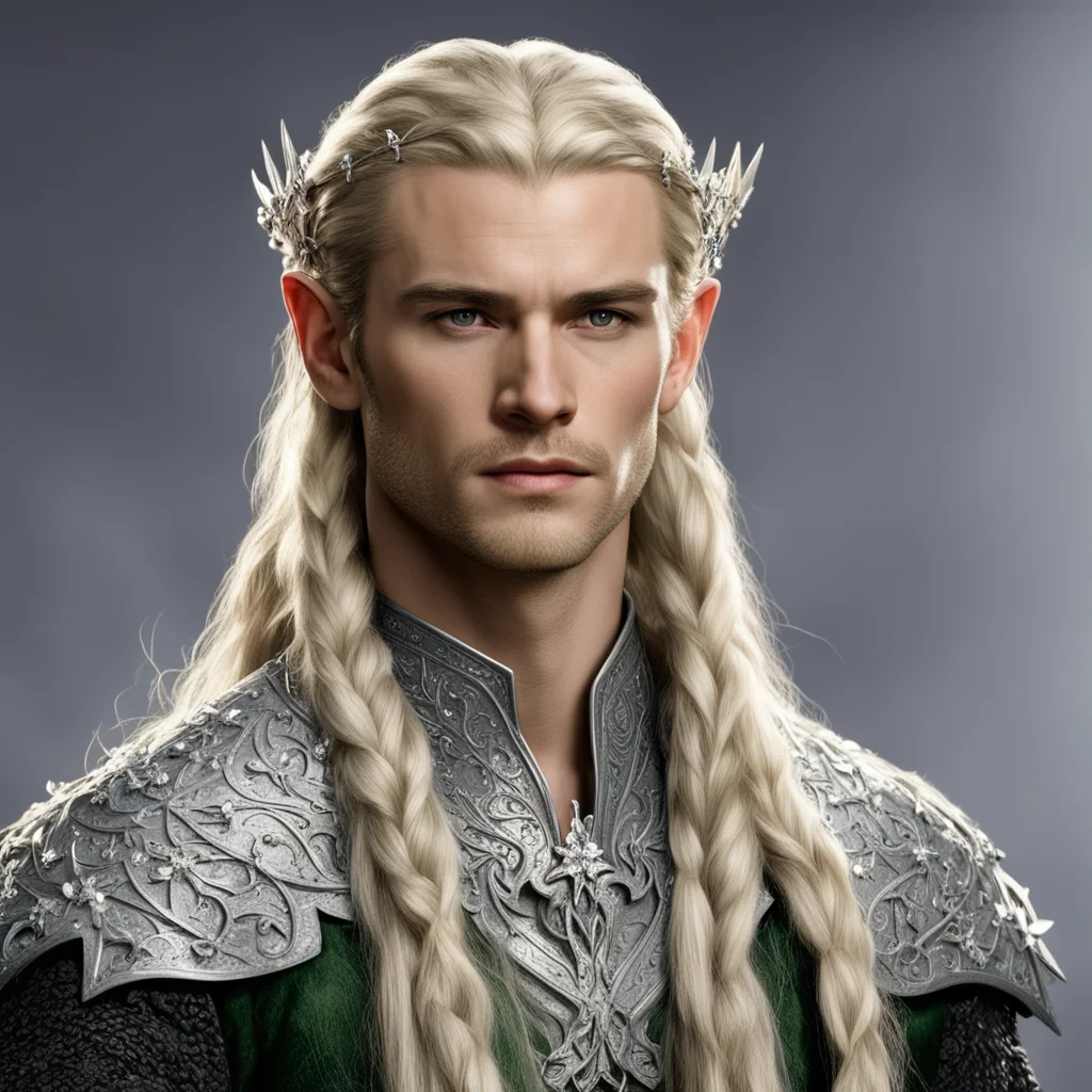 prince legolas with blond hair and braids wearing silver flowers encrusted with diamonds to form a silver elvish circlet with large center diamond good looking trending fantastic 1