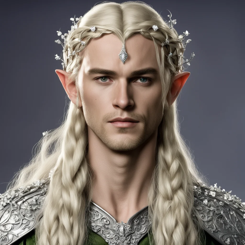 prince legolas with blond hair and braids wearing silver flowers encrusted with diamonds to form a silver elvish circlet with large center diamond