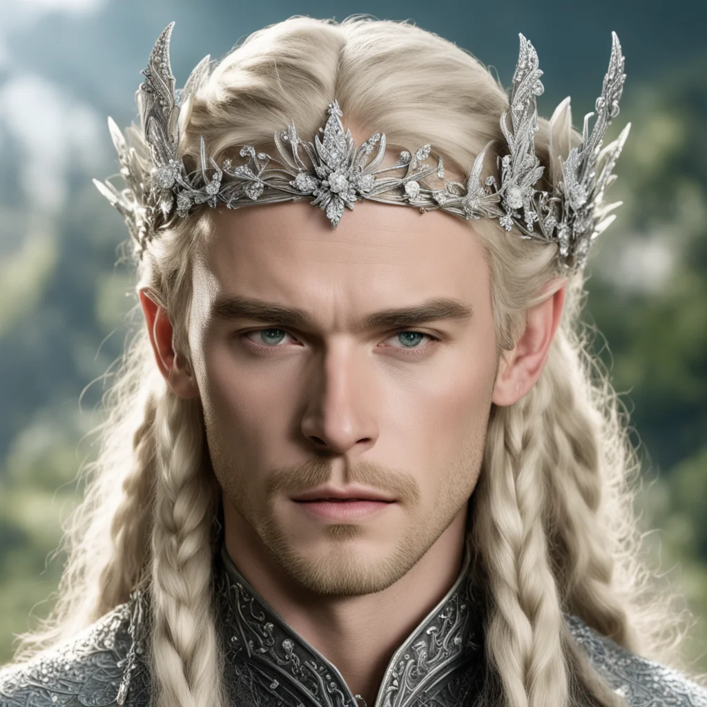 prince legolas with blond hair and braids wearing silver flowers encrusted with diamonds to form a silver elvish coronet with large center diamond amazing awesome portrait 2