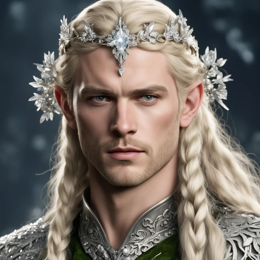 aiprince legolas with blond hair and braids wearing silver flowers encrusted with diamonds to form a silver elvish coronet with large center diamond confident engaging wow artstation art 3