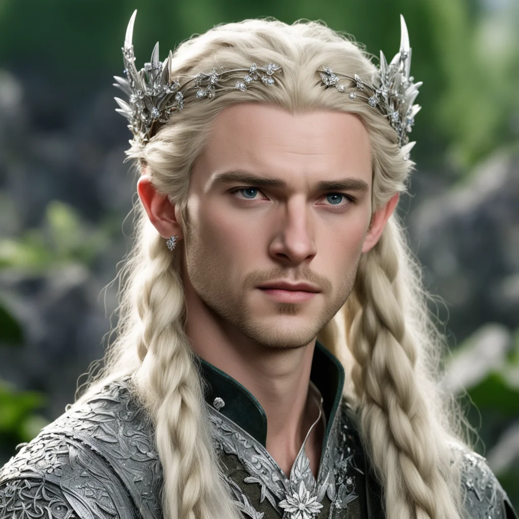 prince legolas with blond hair and braids wearing silver flowers encrusted with diamonds to form a silver elvish coronet with large center diamond good looking trending fantastic 1