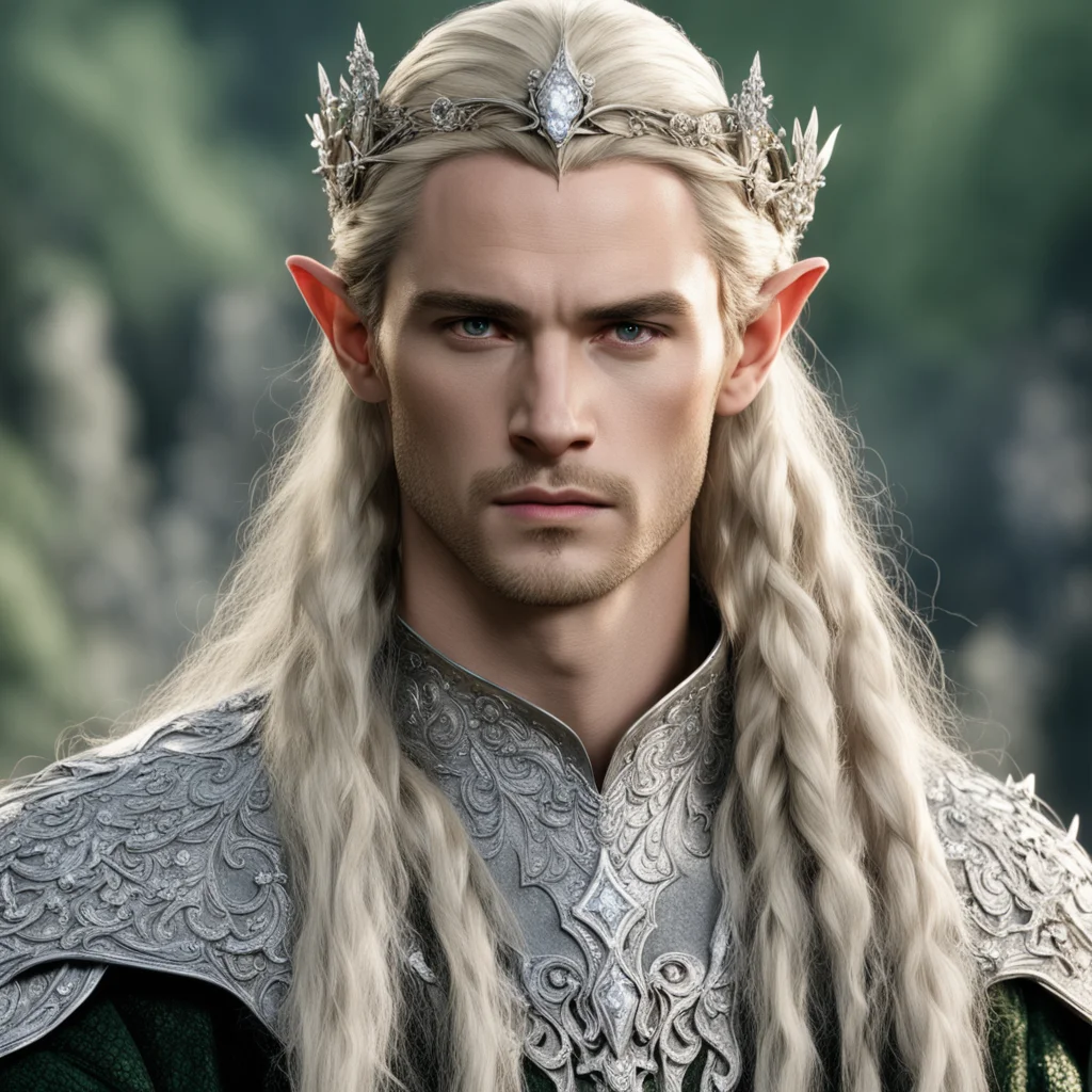 aiprince legolas with blond hair and braids wearing silver flowers encrusted with diamonds to form a silver elvish coronet with large center diamond