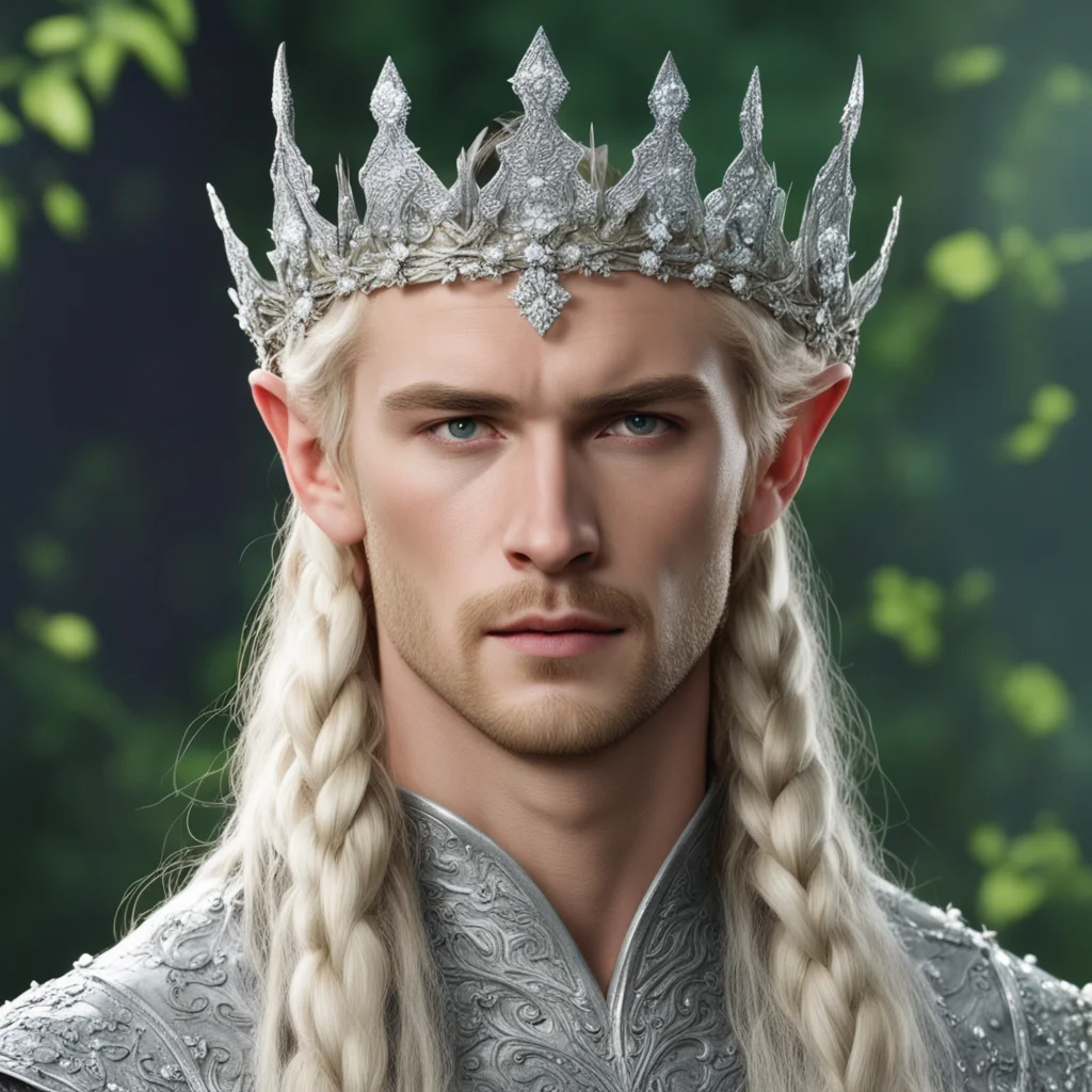 aiprince legolas with blond hair and braids wearing silver flowers encrusted with diamonds to form a silver elvish crown with large center diamond amazing awesome portrait 2