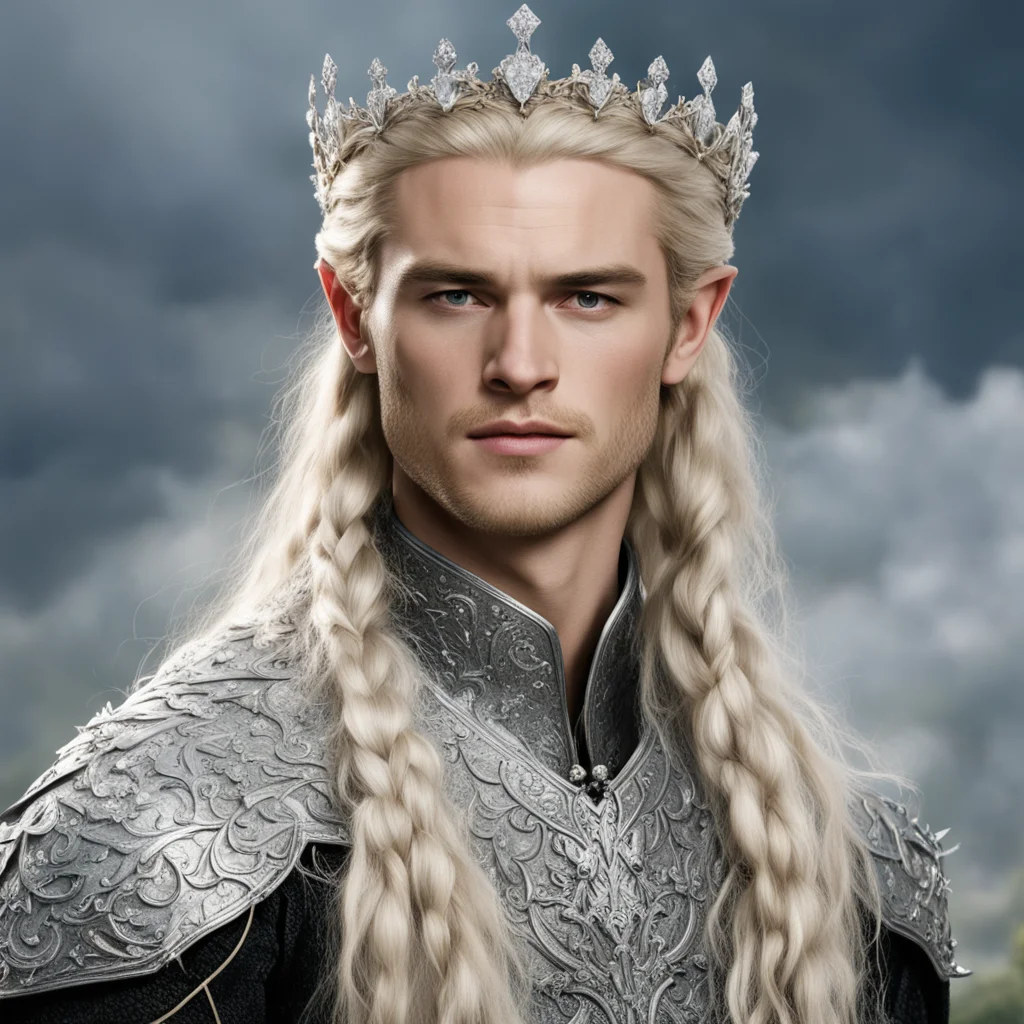 aiprince legolas with blond hair and braids wearing silver flowers encrusted with diamonds to form a silver elvish crown with large center diamond confident engaging wow artstation art 3
