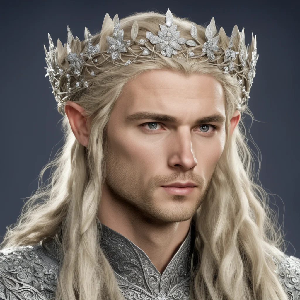prince legolas with blond hair and braids wearing silver flowers encrusted with diamonds to form a silver elvish crown with large center diamond good looking trending fantastic 1