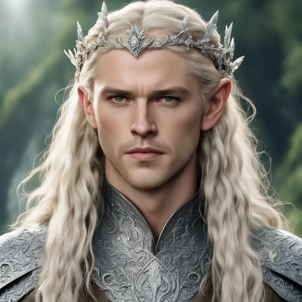 aiprince legolas with blond hair and braids wearing silver flowers encrusted with diamonds to form a silver elvish crown with large center diamond