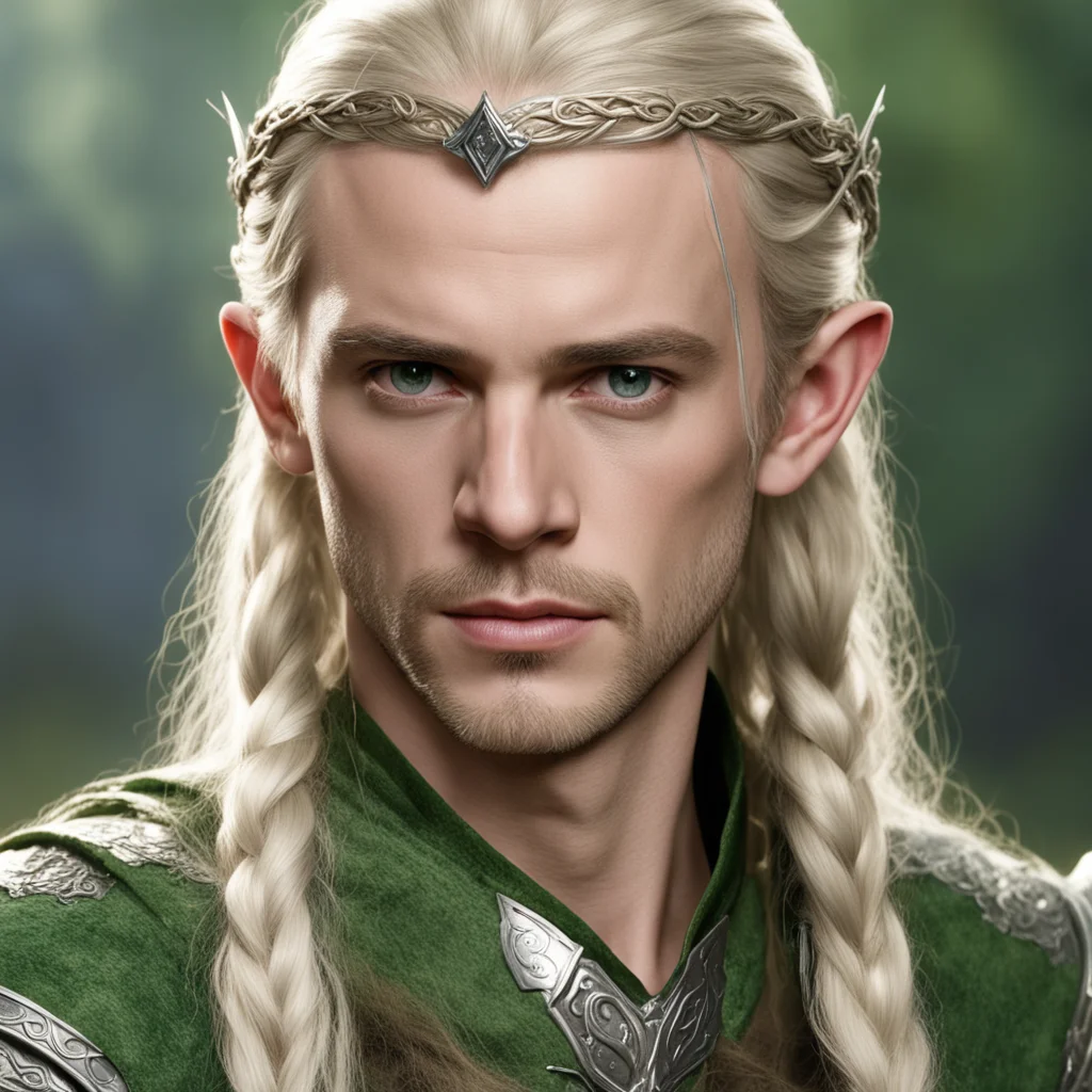 aiprince legolas with blond hair and braids wearing silver serpentine elvish circlet with large center diamond