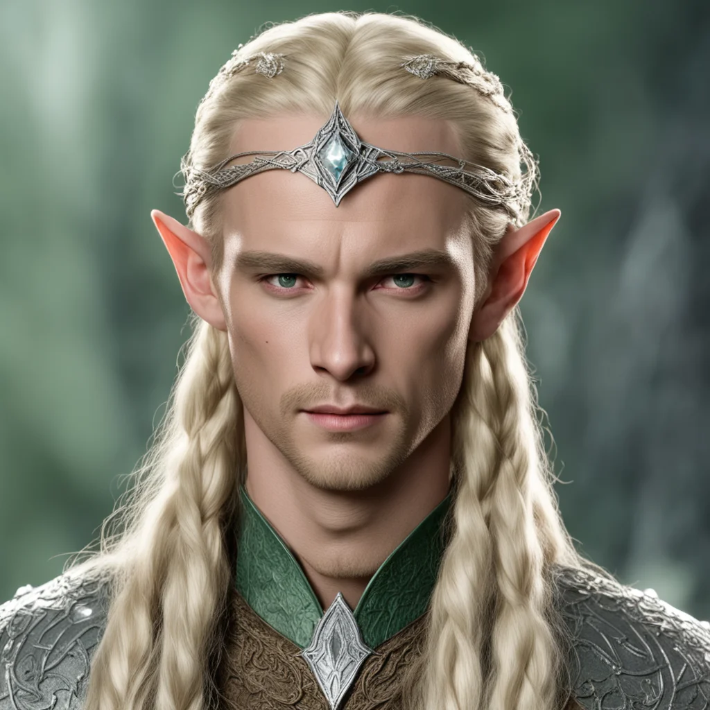 prince legolas with blond hair and braids wearing silver serpentine sindarin elvish circlet encrusted with diamonds with large center diamond amazing awesome portrait 2