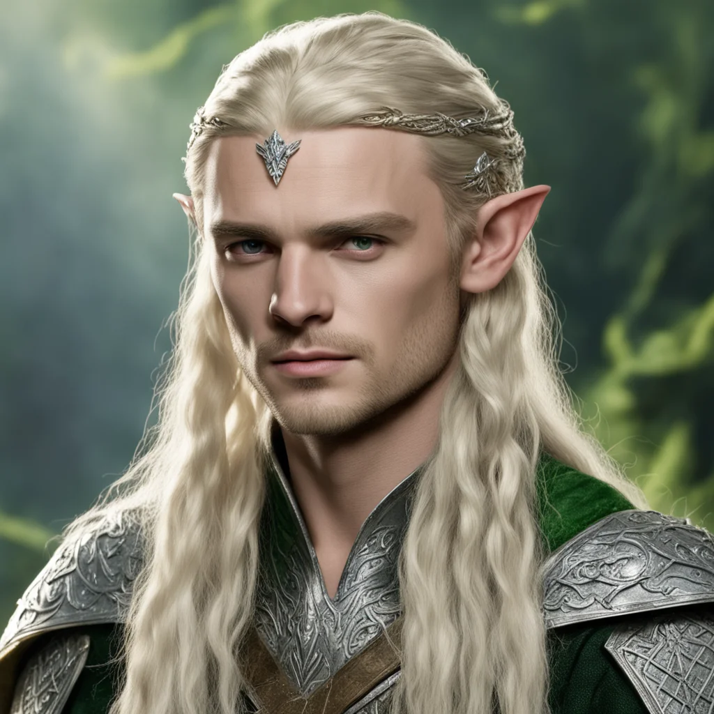 aiprince legolas with blond hair and braids wearing silver serpentine sindarin elvish circlet encrusted with diamonds with large center diamond good looking trending fantastic 1