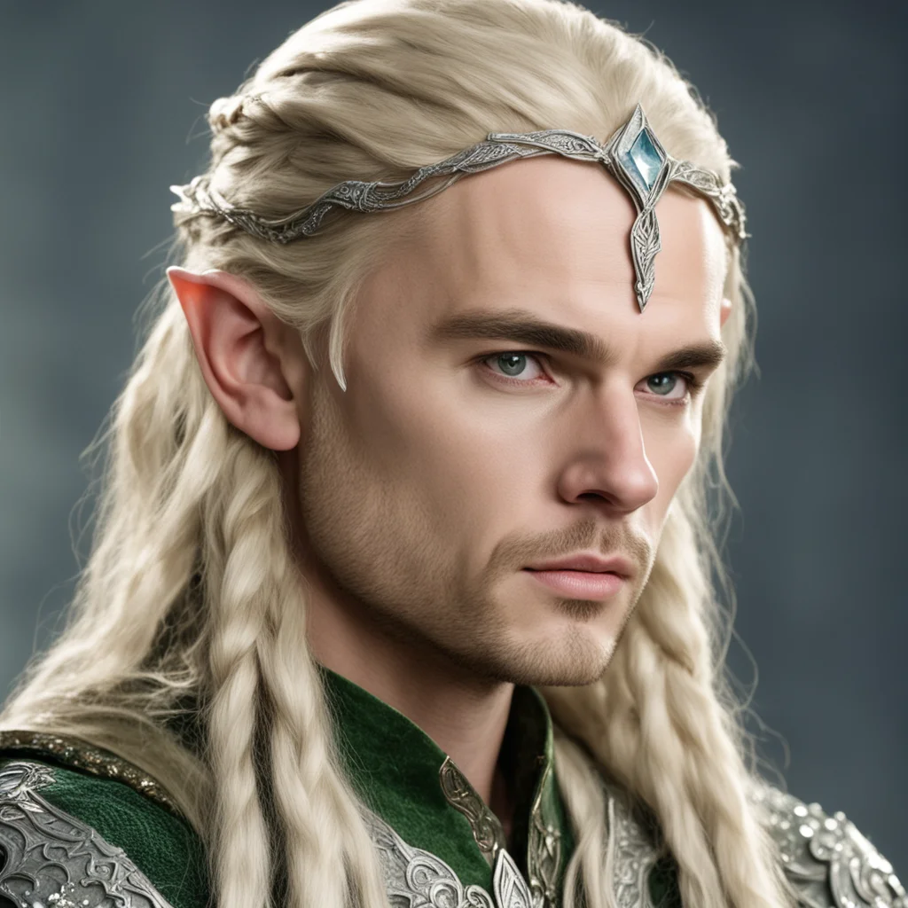 prince legolas with blond hair and braids wearing silver serpentine sindarin elvish circlet encrusted with diamonds with large center diamond