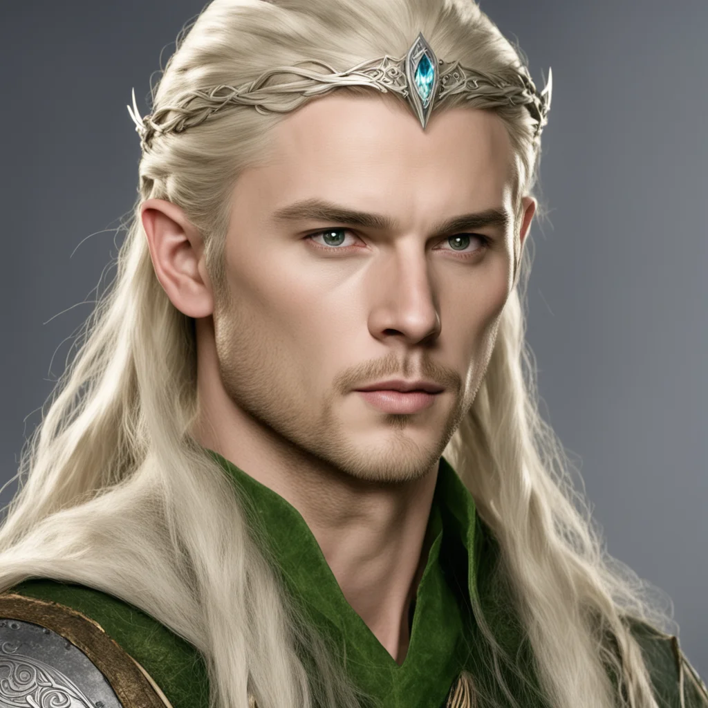 aiprince legolas with blond hair and braids wearing silver sindarin elvish circlet with large center diamond amazing awesome portrait 2