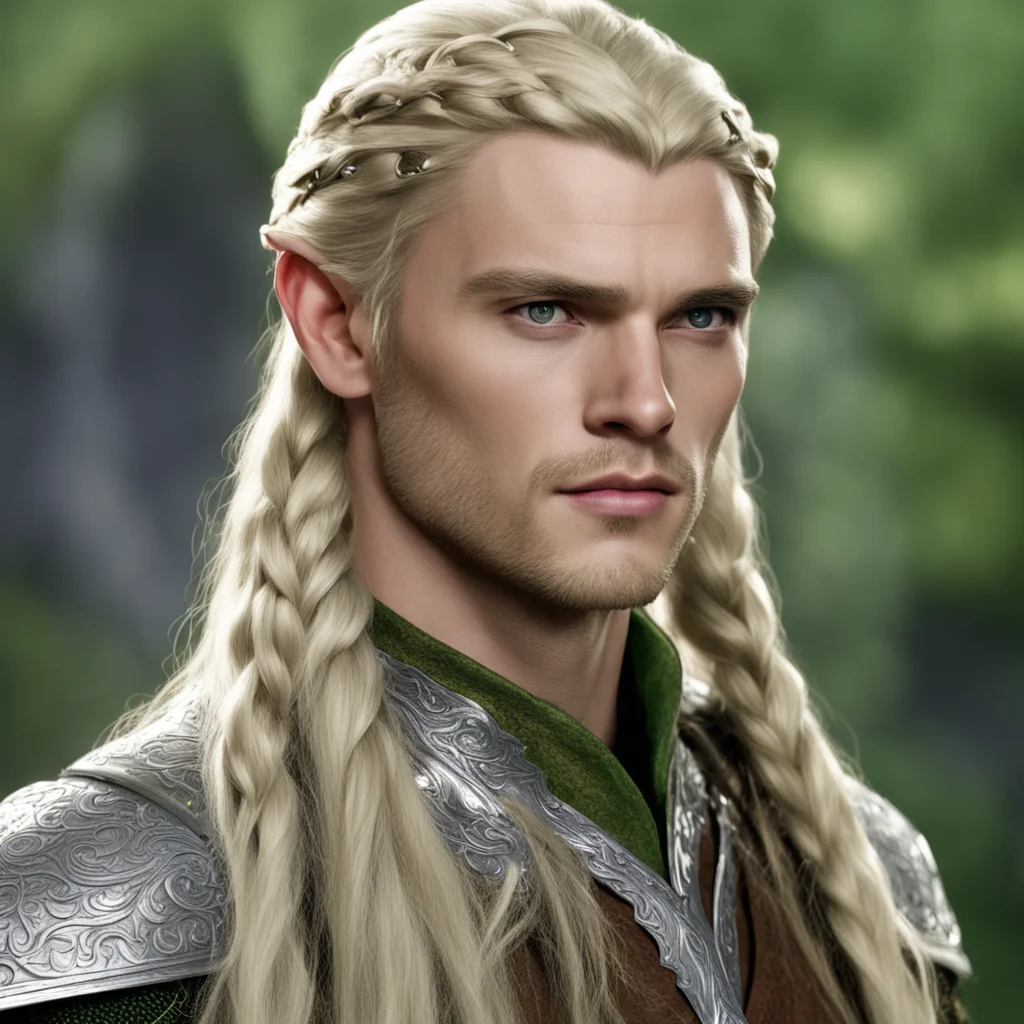 prince legolas with blond hair and braids wearing silver sindarin elvish circlet with large center diamond