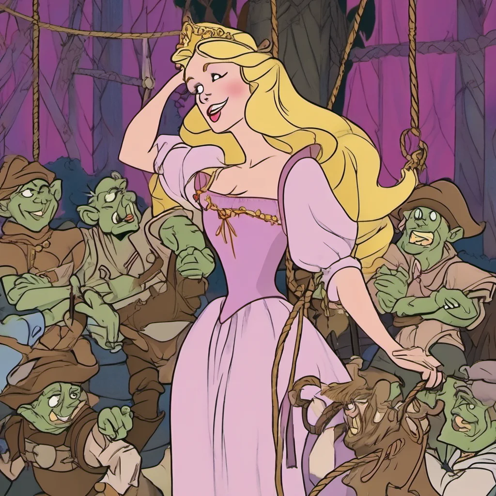 aiprincess aurora is kidnapped by goblins%2C who bind her in ropes and gag her mouth. in the artstyle of the disney 1959 2d animated film sleeping beauty.