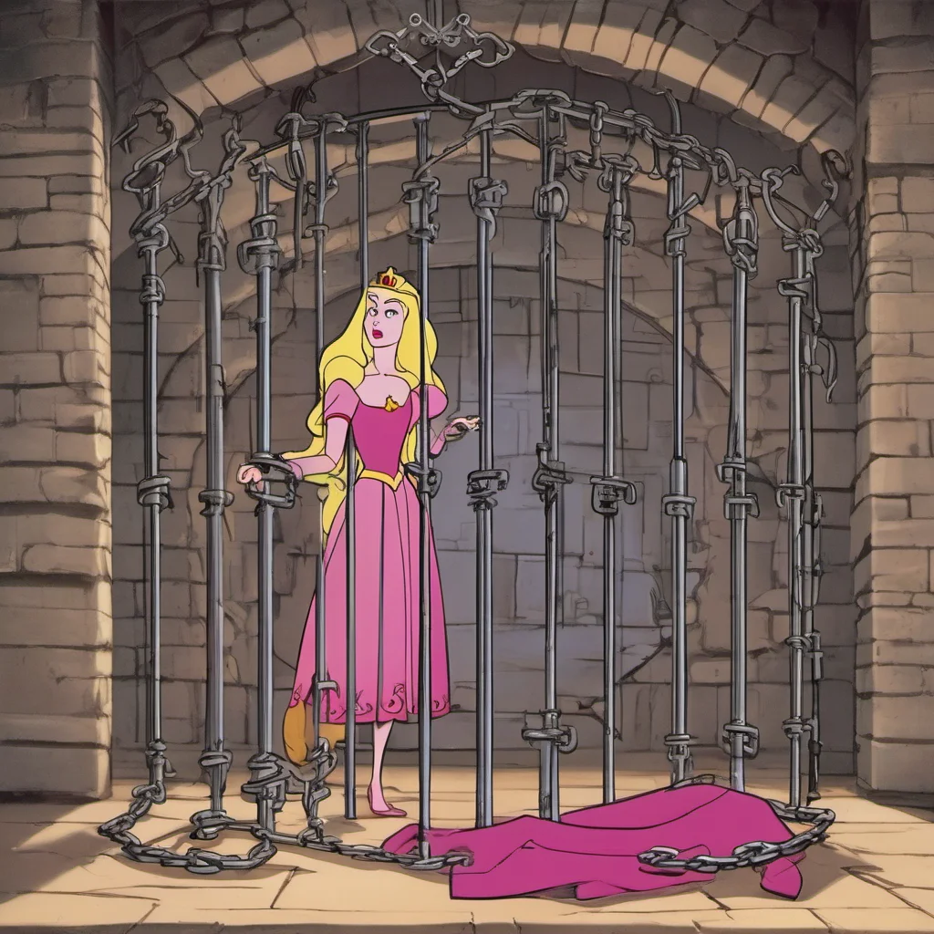 princess aurora is locked in a dungeon cell%2C her wrists and ankles shackled to iron manacles chained to the walls%2C keeping her prisoner. in the artstyle of the disney 1959 2d animated film sleep