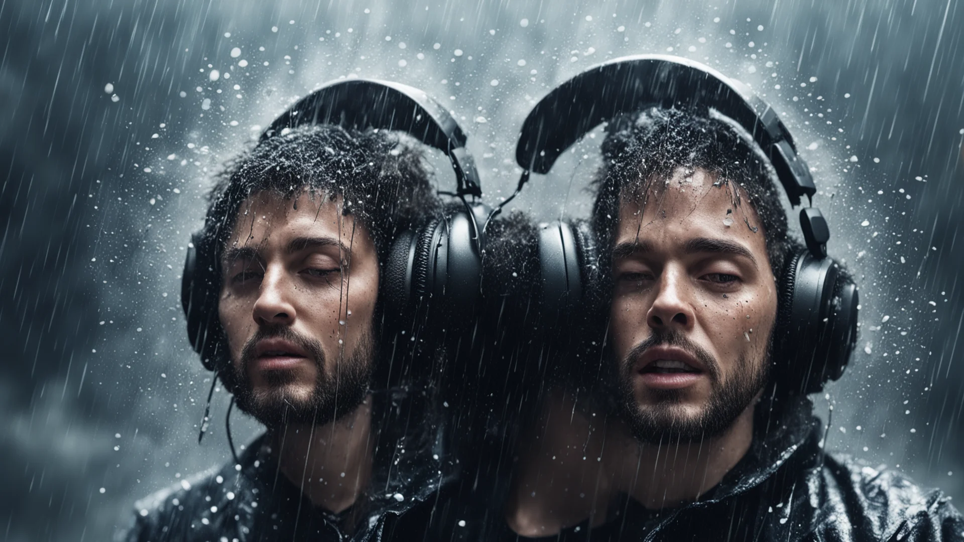 product shot extreme bass boosted headphones exploding portrait surrounded by wet rain with cinematic light wide