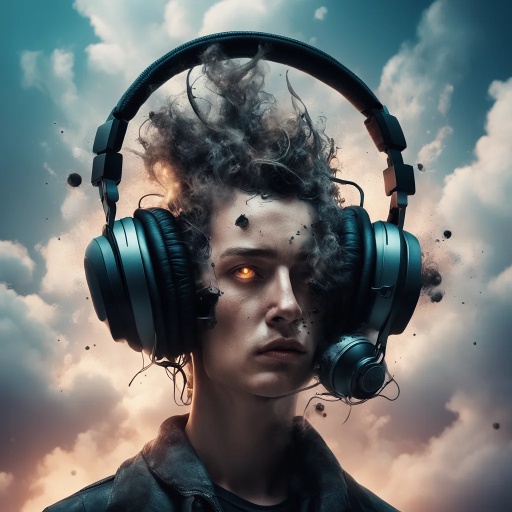 product shot floating headphones exploding portrait surrounded by billlowing clouds of voluminous gas glow eyes post apocalyptic cyberpunk cinematic ligh confident engaging wow artstation art 3